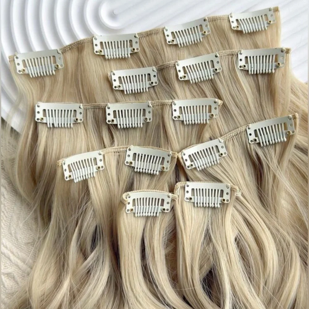 Human hair blend #613 Light blonde Clip in Hair Extensions for Women